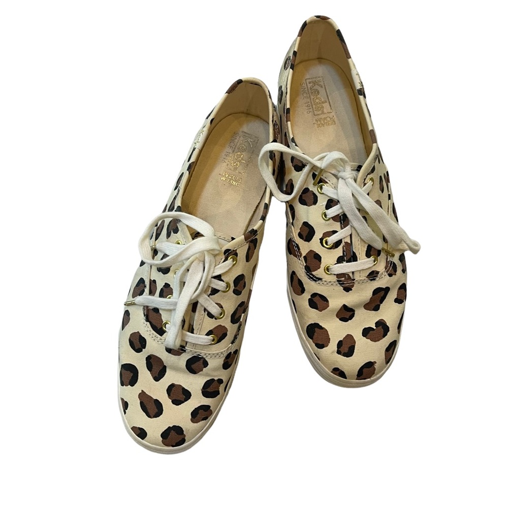 Kate Spade + Keds canvas animal print lace up casual sneakers cream/brown sz 10 - Picture 2 of 16